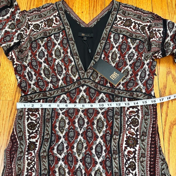 NEW Frye Boho Cottage brown paisley V-neck long sleeve pleated retro maxi dress - Picture 10 of 16